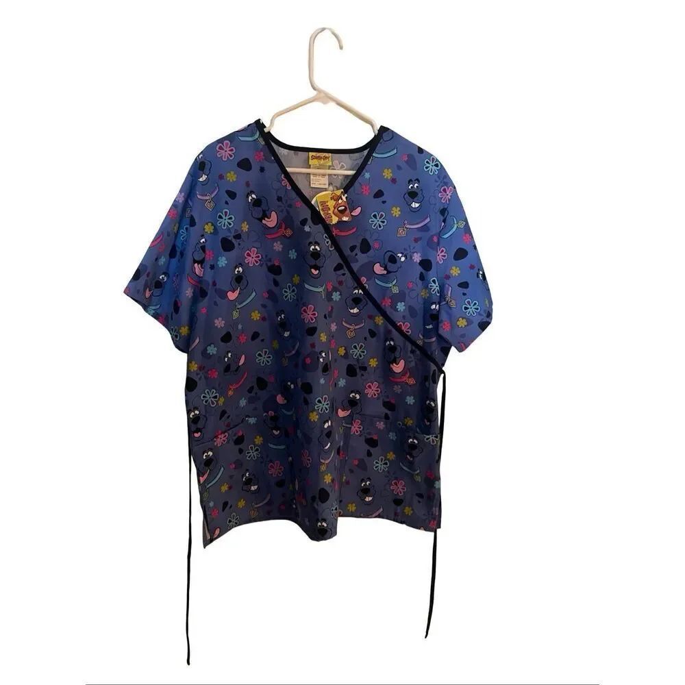 New Scooby Doo Womens Indigo Back Tie V-Neck Short Sleeve Uniform Scrub Top XL